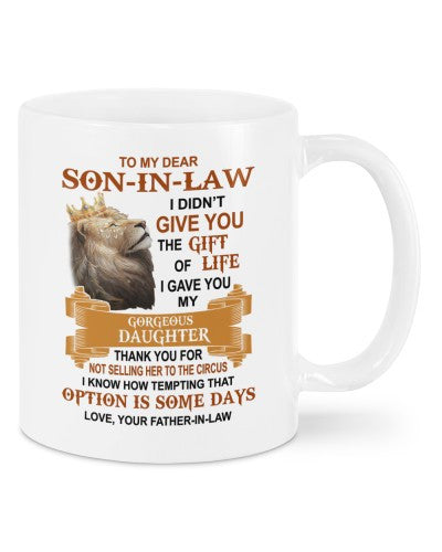 Son In Law Mug- mug sonil give fatheril deub htte